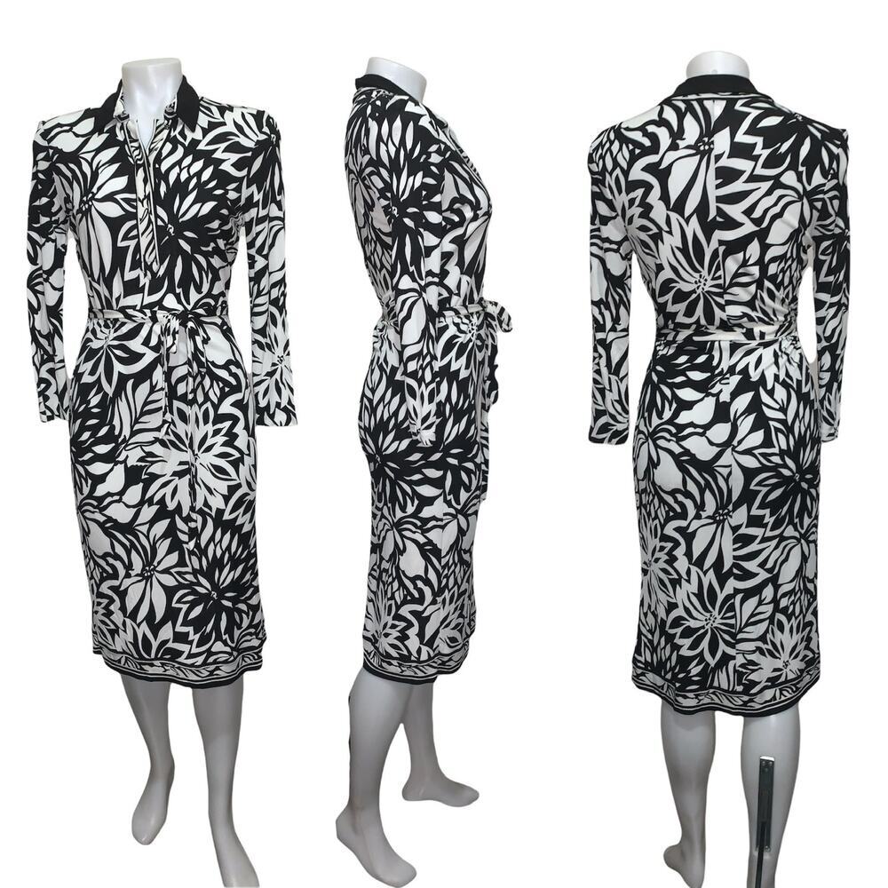 Talbots Black & White Floral Popover Belted Shirt Dress 6P